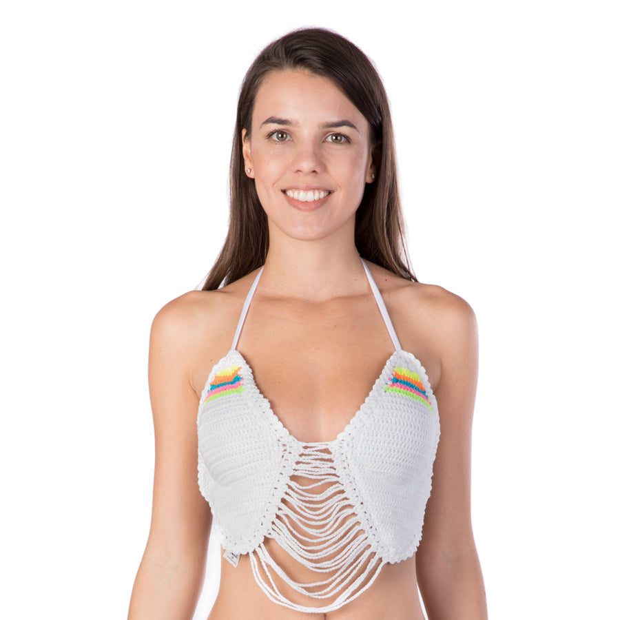 WHITE AND STRIPED FRINGE CROCHET BIKINI TOP - Bikinis Market