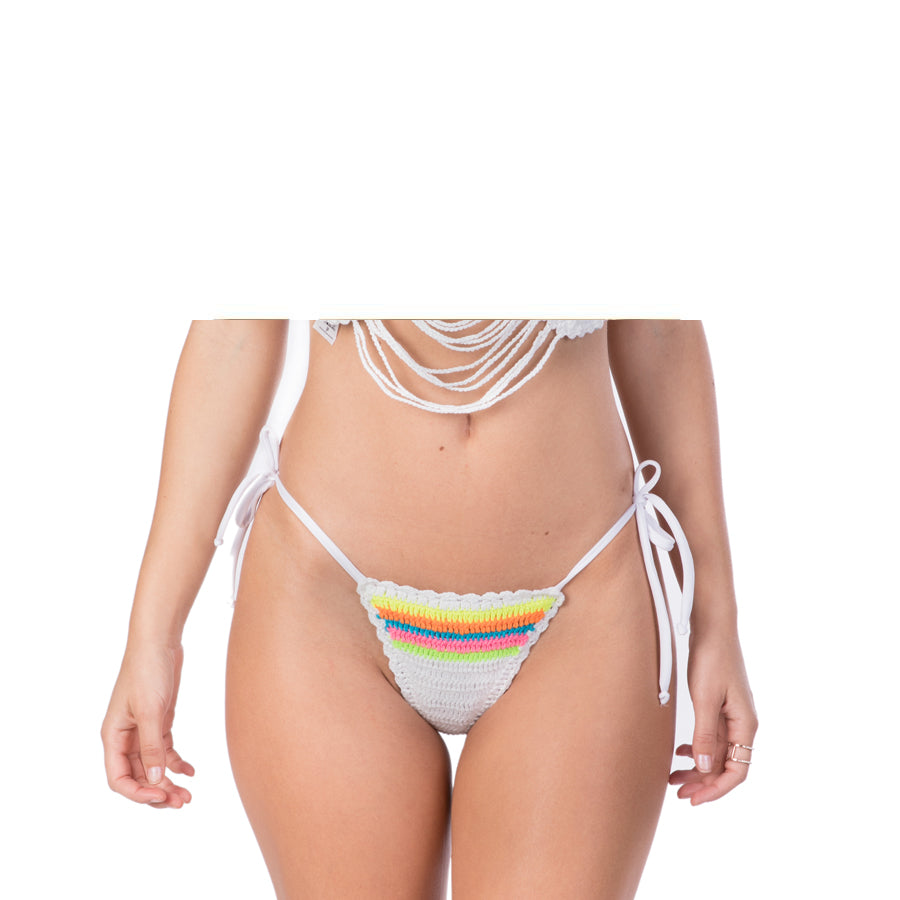 WHITE AND STRIPED SIDE TIE CROCHET BIKINI BOTTOM - Bikinis Market