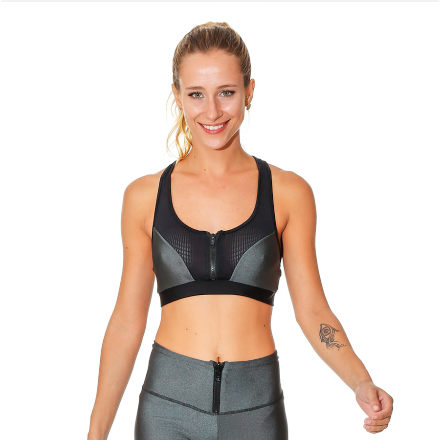 BOXER GRAY ZIP SPORTS BRA - Bikinis Market