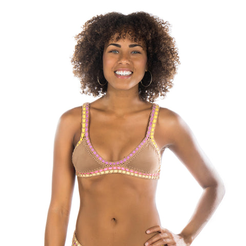 BROWN FAUX SUEDE CROCHET-TRIM BIKINI TOP - Bikinis Market